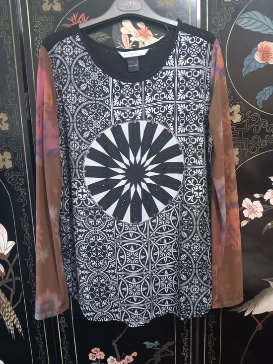 Desigual Tops - Desigual Black & White Mosaic Medallion Top with Sheer Sleeves